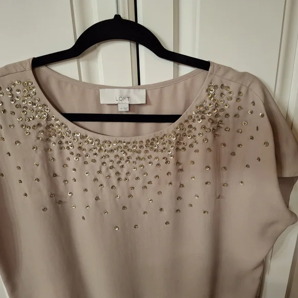 LOFT Tan  Embellished Short Sleeve Top - Picture 3 of 12